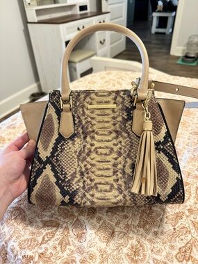 Brahmin Taupe and Beige Python-Print Satchel with Tassel